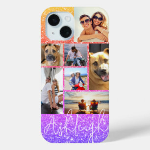 7フォトパーソナライズされたコラージュ数々のカラーグリッター iPhone 15ケース