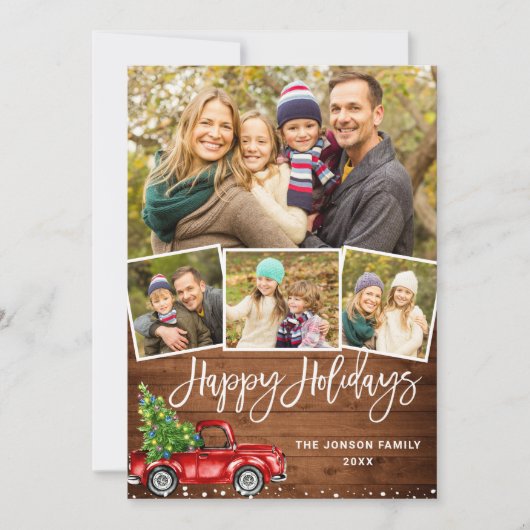 7フォトレトロクリスマスレッドトラックのグリーティ素朴ング シーズンカード (正面)