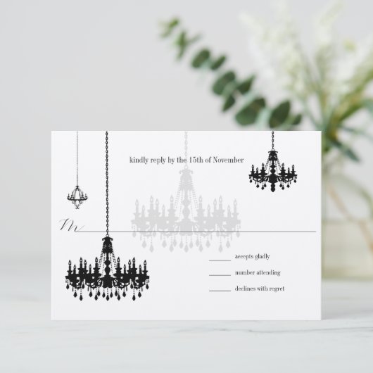 7ブラックシャンデリアウェディングRSVPカード 出欠カード (スタンド正面)