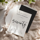 7モダン B&W 70thバースデーパーティータイポグラフィ 招待状<br><div class="desc">70番目のシンプル洗練されたバースデーパーティ招待状は手のスタイル書の台本と書、間隔の広いサンセリフのタイポグラフィで70という言葉を使ってモダンいる。「デザインツールを使用して編集」ボタンを使用するか、上品でミニマリストな白黒のスタイルを使用してスティックすることで、簡単に独自の2色のパレットに配色を変更できる。適当男性へな女だ。印刷招待状として利用可能または迅速なデジタルのダウンロード急いでそれらのために！招待状は、黒と有彩色の灰色の水玉模様パターンと逆である。70エレガント誕生祝いのトーンを完璧に設定するタイムレスなスタイリッシュデザイン!</div>