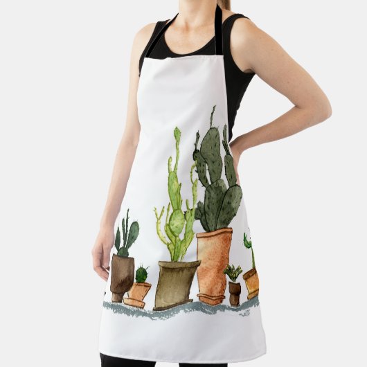 7人が手描きの緑の水彩サボテン(茶) エプロン (インサイチュ)