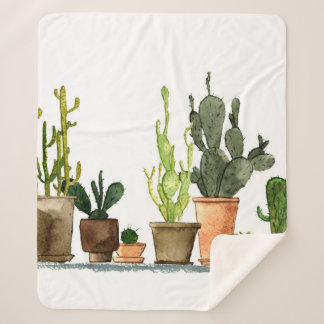 7人が手描きの緑の水彩サボテン（茶）  シェルパブランケット