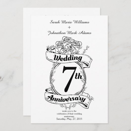 7周年結婚記念日のローズ 招待状 (正面/裏面)