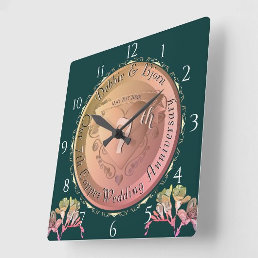 7周年記念結婚ハートエンブレム スクエア壁時計 (傾斜)