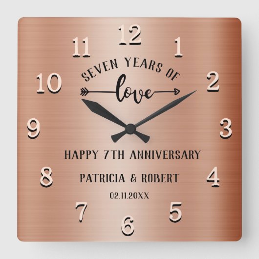 7周年記念結婚銅記念日おめでとう スクエア壁時計 (正面)