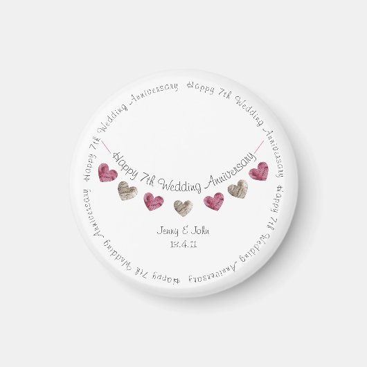 7周結婚年の羊毛ハート束 マグネット (正面)