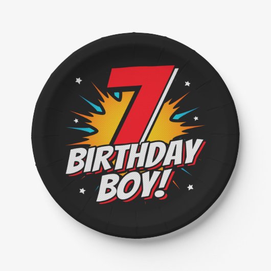 7年オールドスーパーヒーロー誕生日ボーイ7誕生日 ペーパープレート (正面)