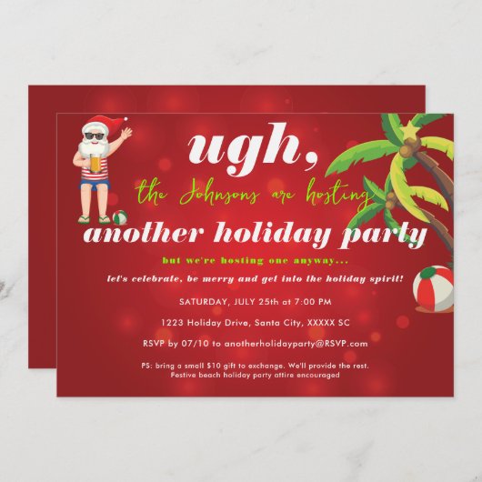 7月おもしろいのクリスマスサンタビールビーチパーティー 招待状 (正面/裏面)