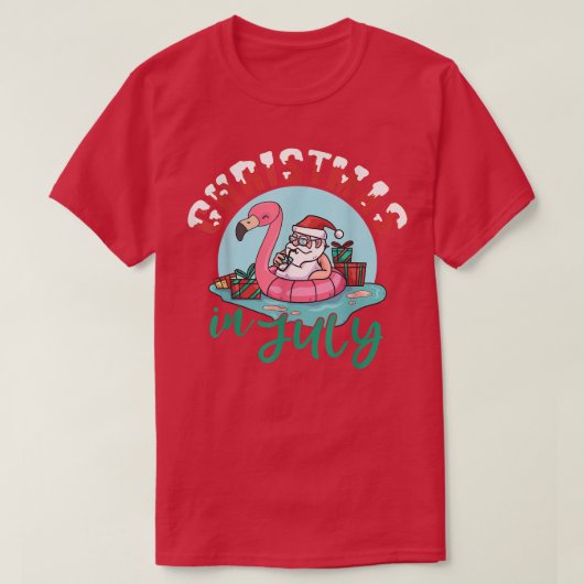 7月おもしろいのクリスマスサンタホリデーフラミンゴサム Tシャツ (デザイン正面)
