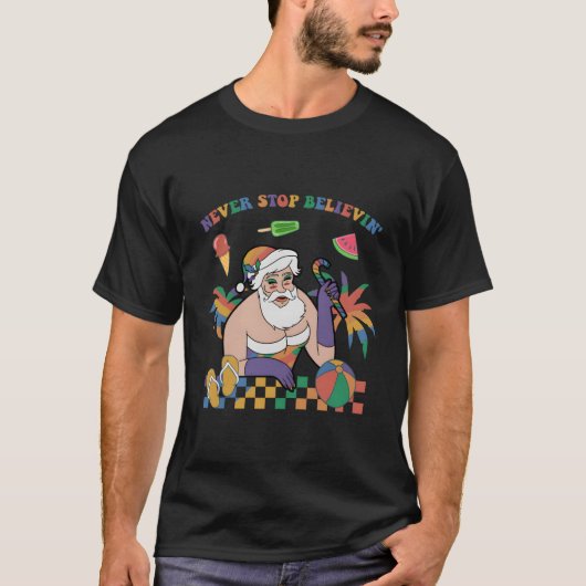 7月おもしろいのクリスマスLgbtq+サンタは決してストップない Tシャツ (正面)