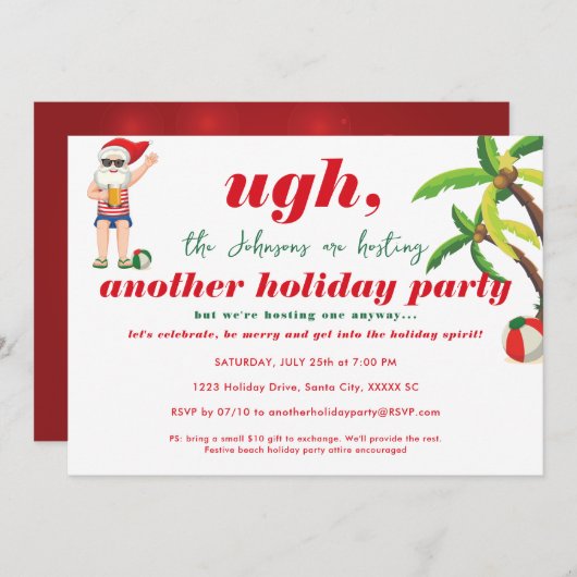 7月おもしろいのビーチクリスマスサンタビールパーティー 招待状 (正面/裏面)