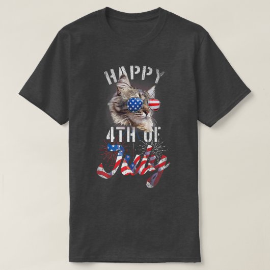 7月おもしろいの独立記念日に愛猫ハッピーネコ Tシャツ (デザイン正面)