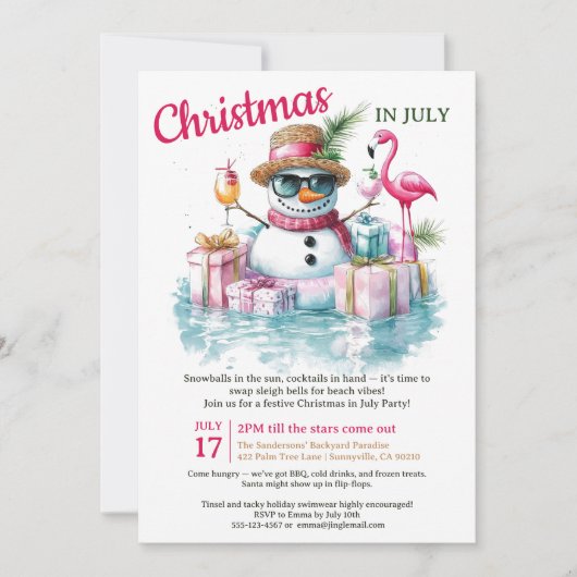 7月おもしろいの雪だるまプールパーティークリスマス 招待状 (正面)