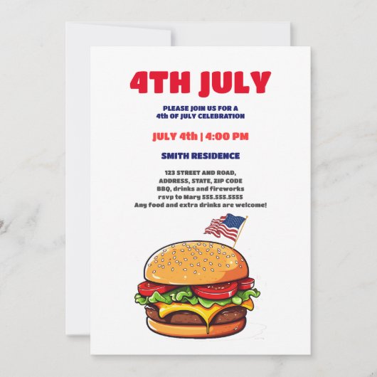 7月おもしろい1日のバーガーアメリカ国旗のプレイドbbq 4日 招待状 (正面)