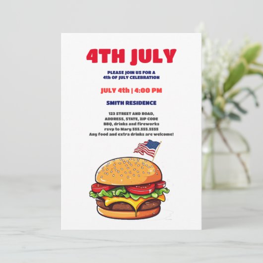 7月おもしろい1日のバーガーアメリカ国旗のプレイドbbq 4日 招待状 (スタンド正面)