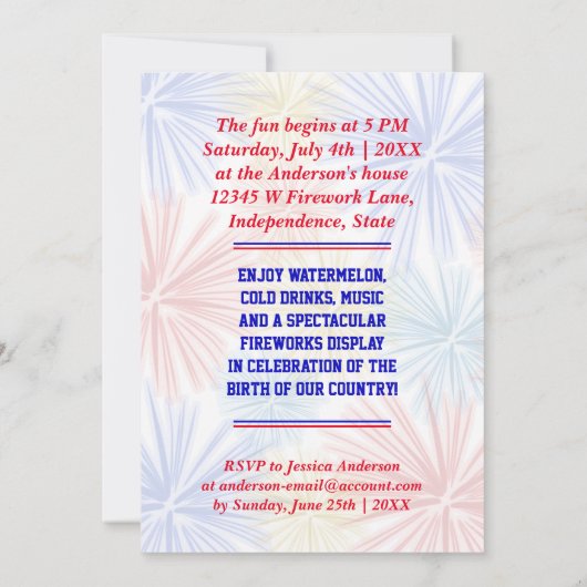 7月おもしろい4日の独立記念日パーティーユーモア 招待状 (裏面)