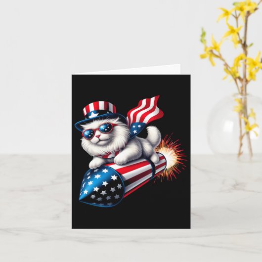 7月おもしろい4日の花火と愛国猫ロケット カード (黄色い花)