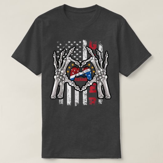 7月おもしろい4日アメリカ国旗Usa Skeleton Video Tシャツ (デザイン正面)
