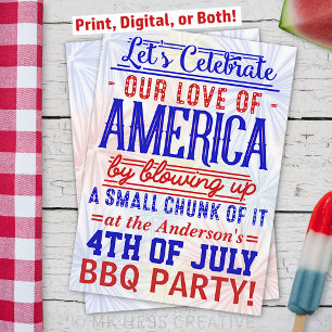 7月おもしろい4日Fireworks BBQ Barbecueパーティー 招待状