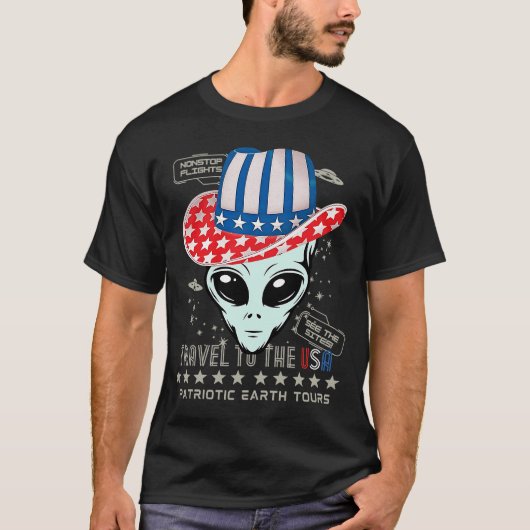7月おもしろい4日Patriotic Earth Tours UFOエイリアン Tシャツ (正面)