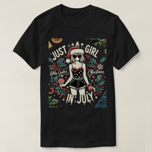 7月にクリスマスを愛する女の子Wome Tシャツ (デザイン正面)
