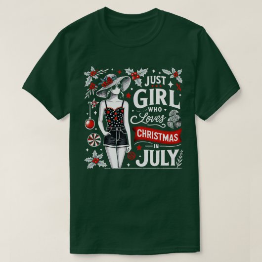 7月にクリスマスを愛する女の子Wome Tシャツ (デザイン正面)