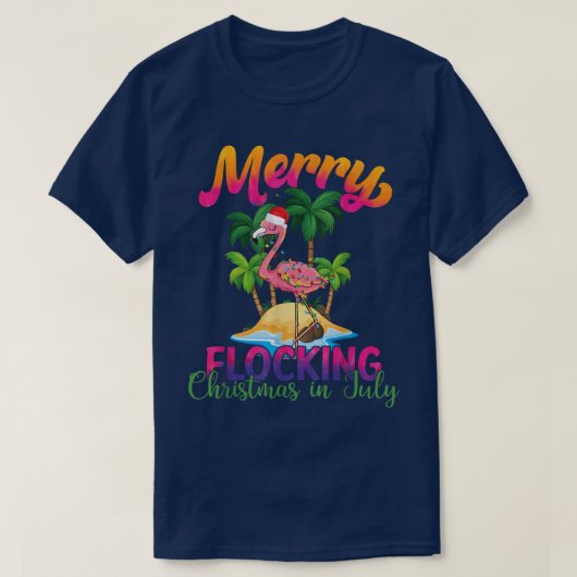 7月にメリークリスマスを祝うフラミンゴ水泳 Tシャツ (デザイン正面)