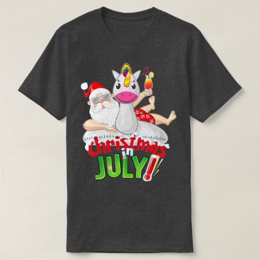 7月のおもしろいクリスマス夏のユニコーン浮きクリスマス Tシャツ (デザイン正面)