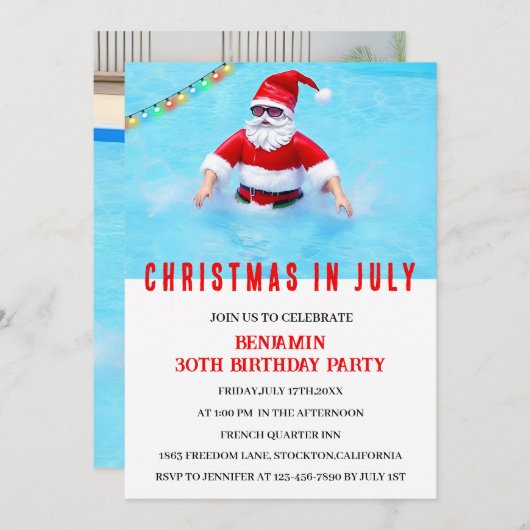 7月のおもしろいクリスマス誕生日プールパーティー 招待状 (正面/裏面)