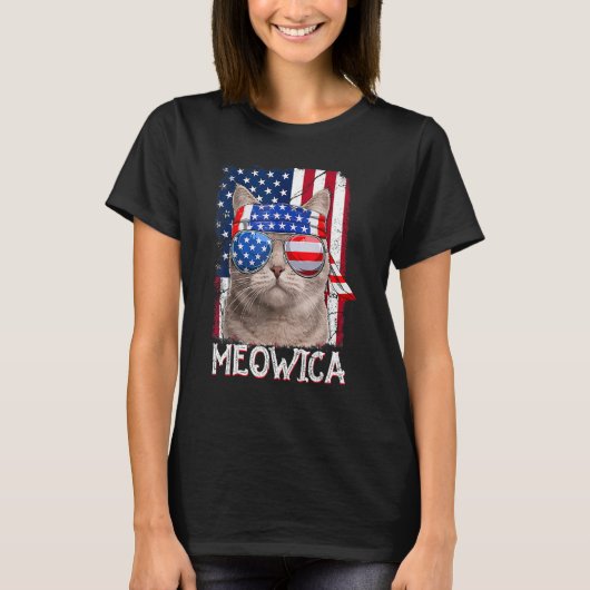 7月のキャット4日Meowicaアメリカ国旗の女性男性 Tシャツ (正面)