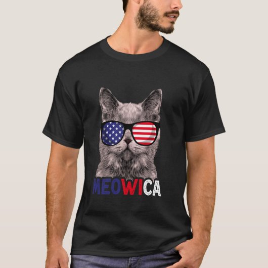 7月のキャット4日Meowica男性女性米国国旗Ki Tシャツ (正面)