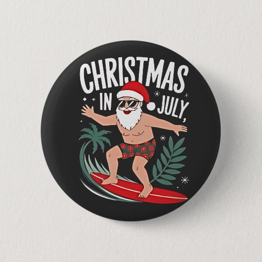 7月のクリスマスおもしろいクリスマスクリスマスサンタビーチ 缶バッジ (正面)