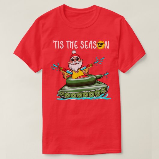 7月のクリスマスおもしろいサンタがシーズンタンク Tシャツ (デザイン正面)