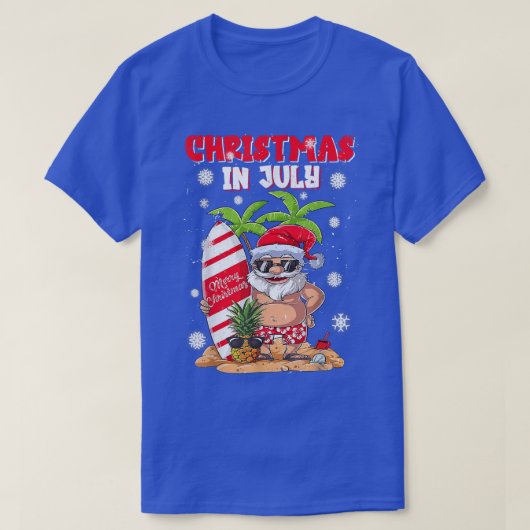 7月のクリスマスおもしろいサンタ夏おもしろいビーチ Tシャツ (デザイン正面)