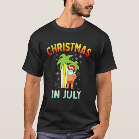 7月のクリスマスおもしろいサンタ夏のクリスマスメンズ Tシャツ (正面)