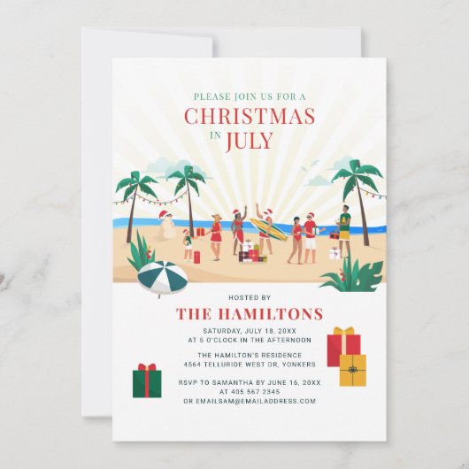 7月のクリスマスおもしろいファミリーサマーパーティー 招待状 (正面)