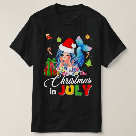 7月のクリスマスかわいいアニメ人魚サンタハットサム Tシャツ (デザイン正面)