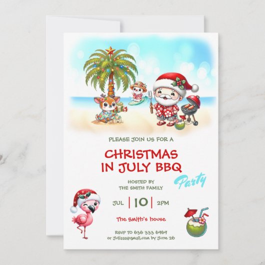7月のクリスマスかわいいサンタの夏のクリスマス 招待状 (正面)