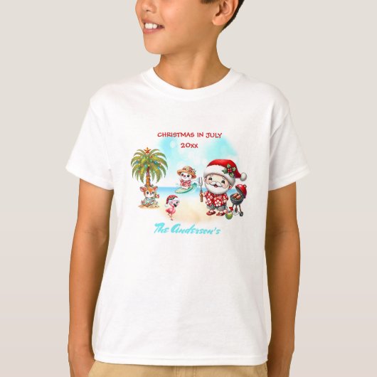 7月のクリスマスかわいいサンタの夏の名子供 Tシャツ (正面)