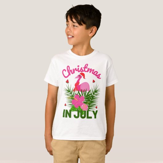 7月のクリスマスかわいいサンタフラミンゴ Tシャツ (正面フル)