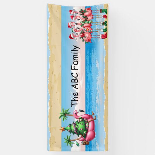 7月のクリスマスにクリスマスツリーを持つフラミンゴ 横断幕 (縦)