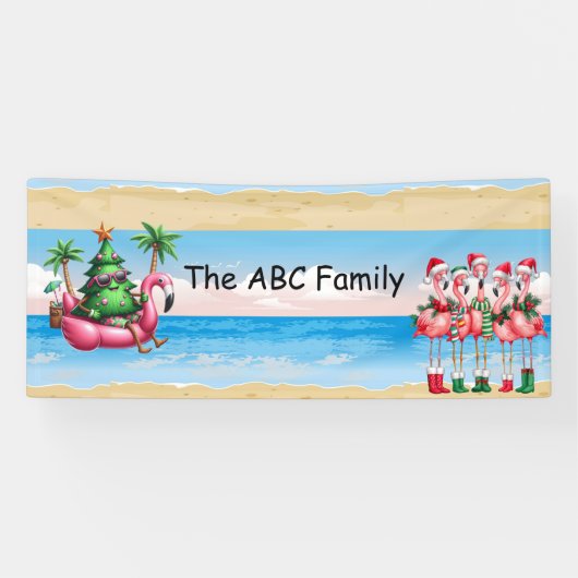 7月のクリスマスにクリスマスツリーを持つフラミンゴ 横断幕 (横)