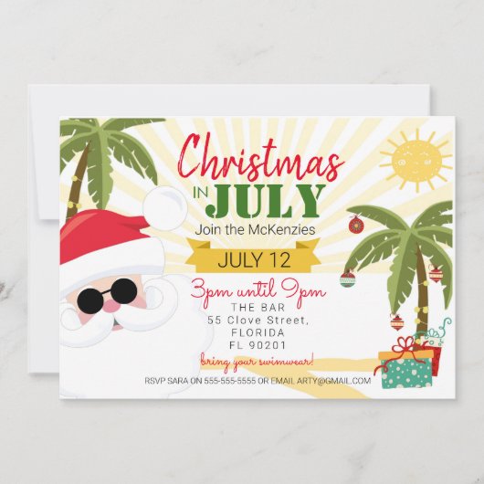 7月のクリスマスの招待、おもしろいの夏のパーティー 招待状 (正面)