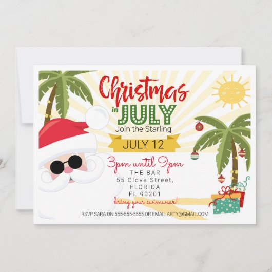 7月のクリスマスの招待、おもしろいの夏のパーティー 招待状 (正面)