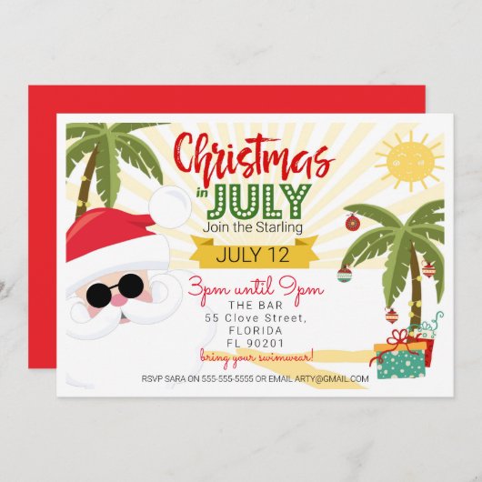7月のクリスマスの招待、おもしろいの夏のパーティー 招待状 (正面/裏面)