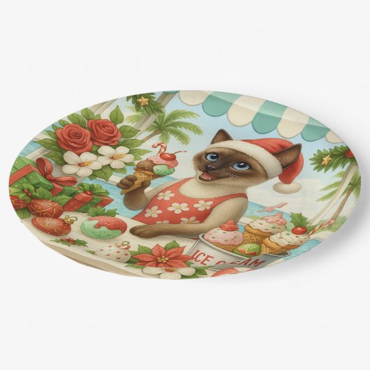 7月のクリスマスの猫好きホリデーテーマ ペーパープレート (アングル)