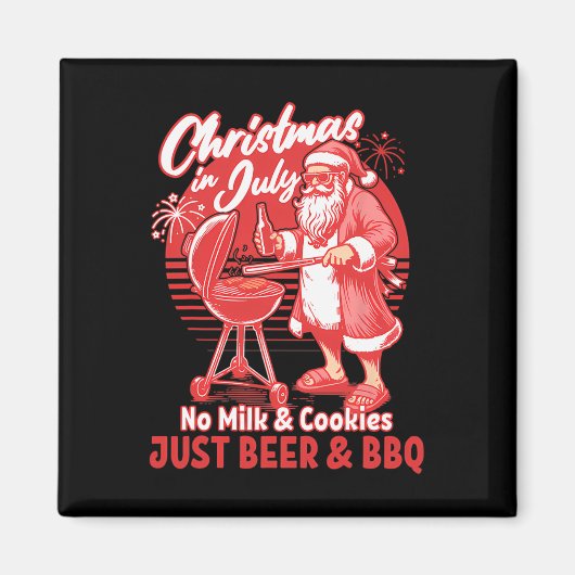 7月のクリスマスはミルクとクッキーの代わりにBBQサンタC マグネット (正面)