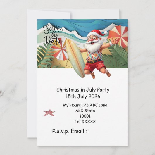 7月のクリスマスはSANTA CLAUSと 日付を保存 招待状 (正面)