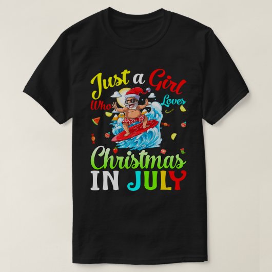 7月のクリスマスを愛する女の子ハワイアンV Tシャツ (デザイン正面)