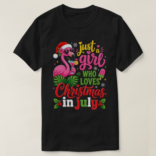 7月のクリスマスを愛する女の子フラミンゴ Tシャツ (デザイン正面)